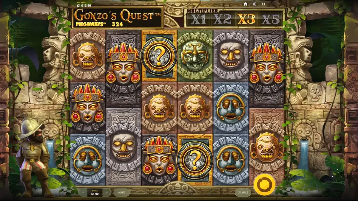 Gonzo berdiri di depan reruntuhan kuno dalam slot Gonzo’s Quest Megaways