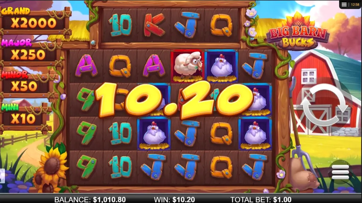 Tampilan layar permainan slot Big Barn Bucks dengan tema peternakan yang ceria.