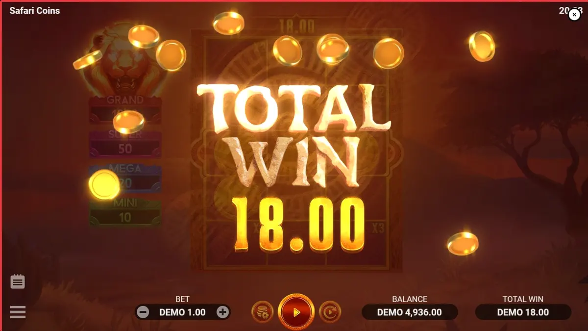Tampilan visual slot Safari Coins dengan latar belakang savana Afrika yang megah.