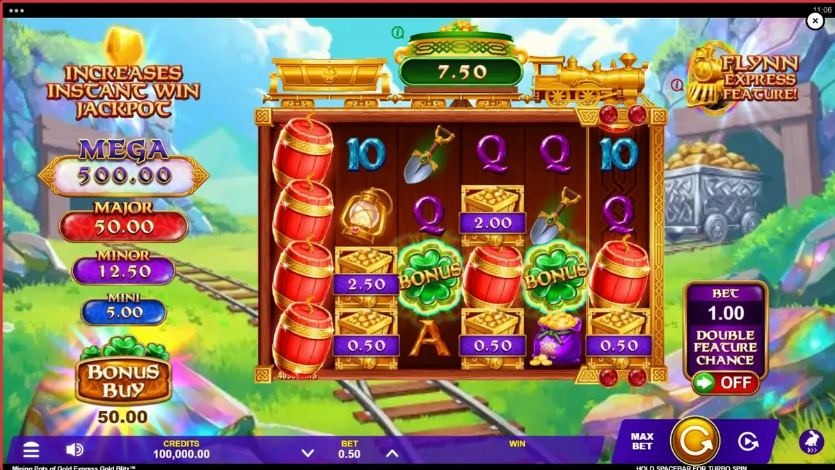 Tangkapan layar permainan slot Mining Pots of Gold Express Gold Blitz™ menampilkan Lucky Lad Flynn dan kereta api yang membawa permata.